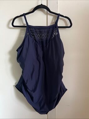 Aqua Green Navy Blue One-Piece Swimsuit with Crochet Yoke